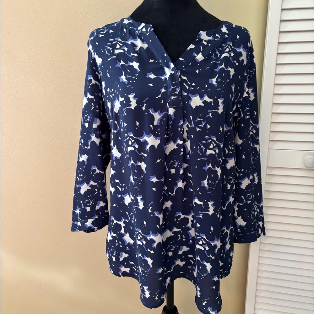 Talbots Navy and White Floral Blouse